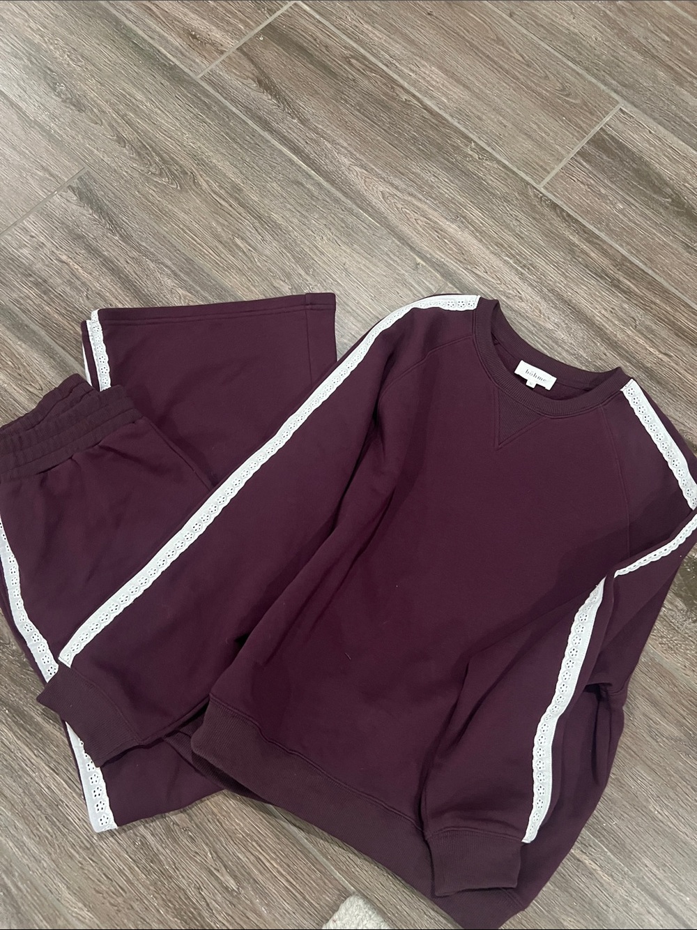 Bohme women’s  Maroon Sweatpants Set with White Lace Trim